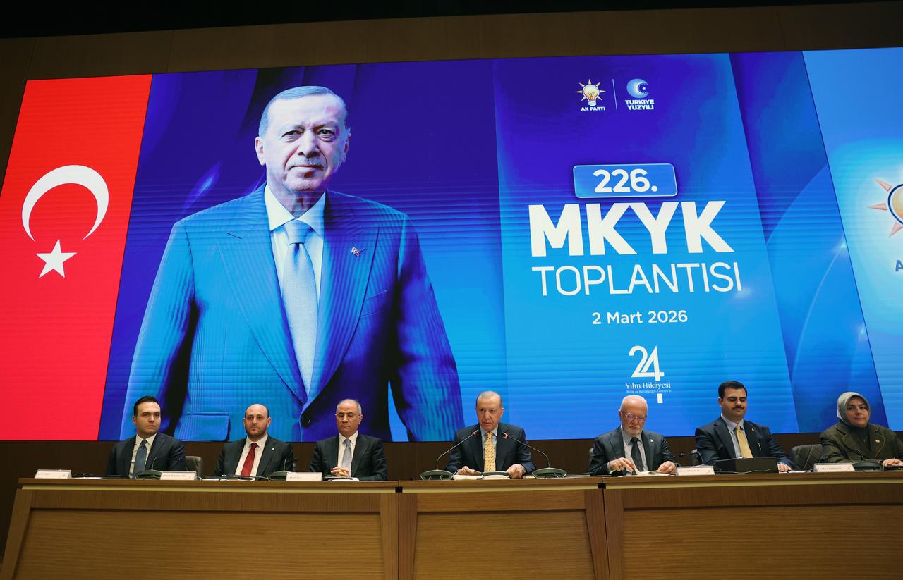 Turkish President and AK Party Chairman Recep Tayyip Erdogan chairs a meeting of the AK Party Central Decision and Executive Board (MKYK) in Ankara, Türkiye, on March 02, 2026. (Turkish Presidency / AA Photo)
