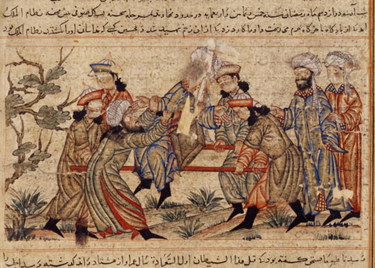 An assassin disguised in a white turban fatally stabs Seljuk vizier Nizam al-Mulk in 1092 CE — illustration from a 14th-century manuscript, Topkapi Palace Museum, Cami al-Tebari, H. 1653, fol. 360b. (Photo via Topkapi Palace Museum)
