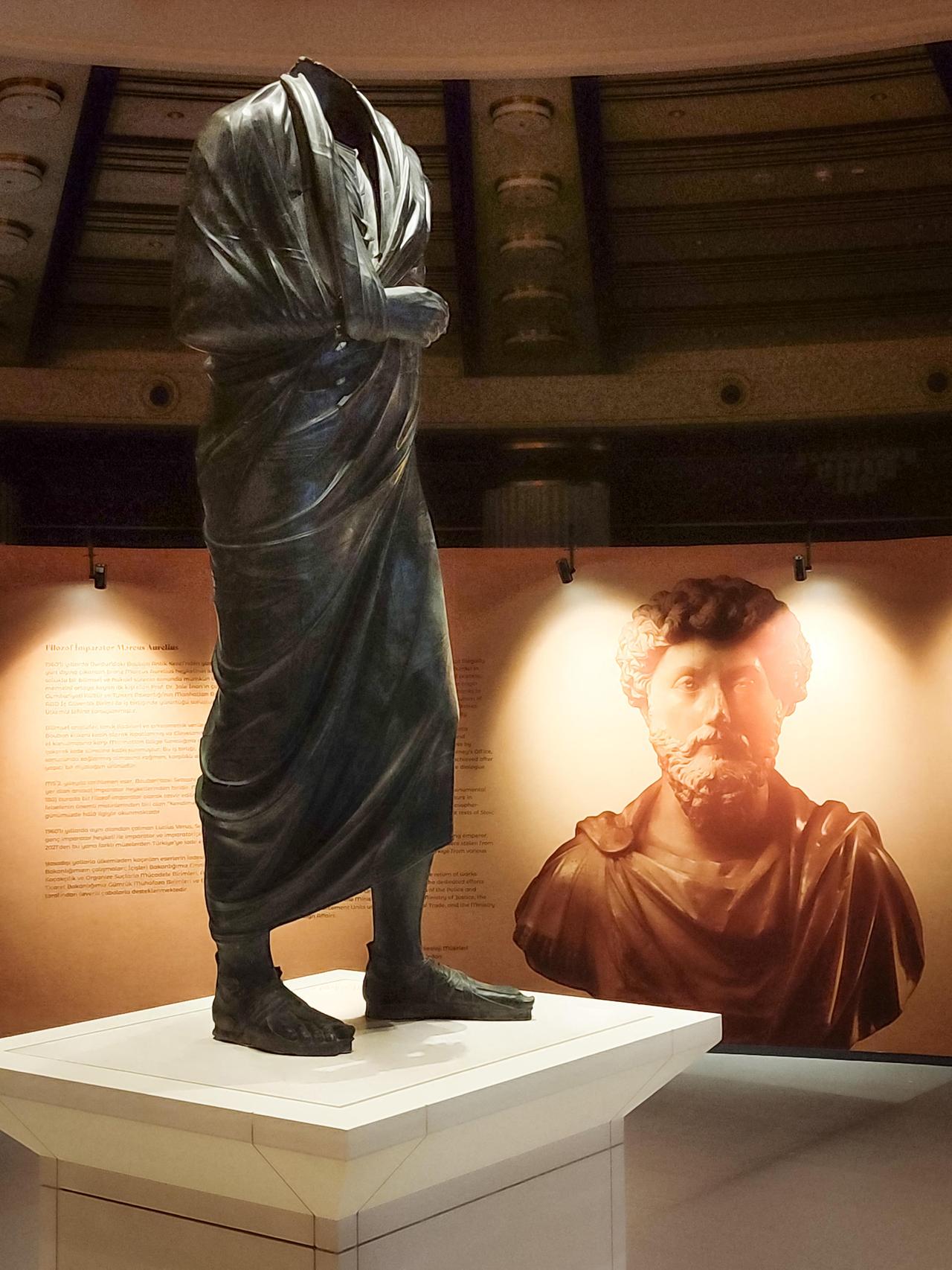 A headless bronze statue of Roman Emperor Marcus Aurelius is displayed at the national library within the Presidential Complex, in Ankara, Türkiye, August 6, 2025. (AFP Photo)