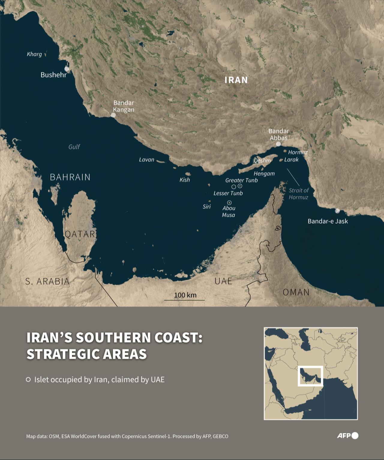 Infographic with a map showing the strategic locations near Iran's southern coast. (AFP Infographic)