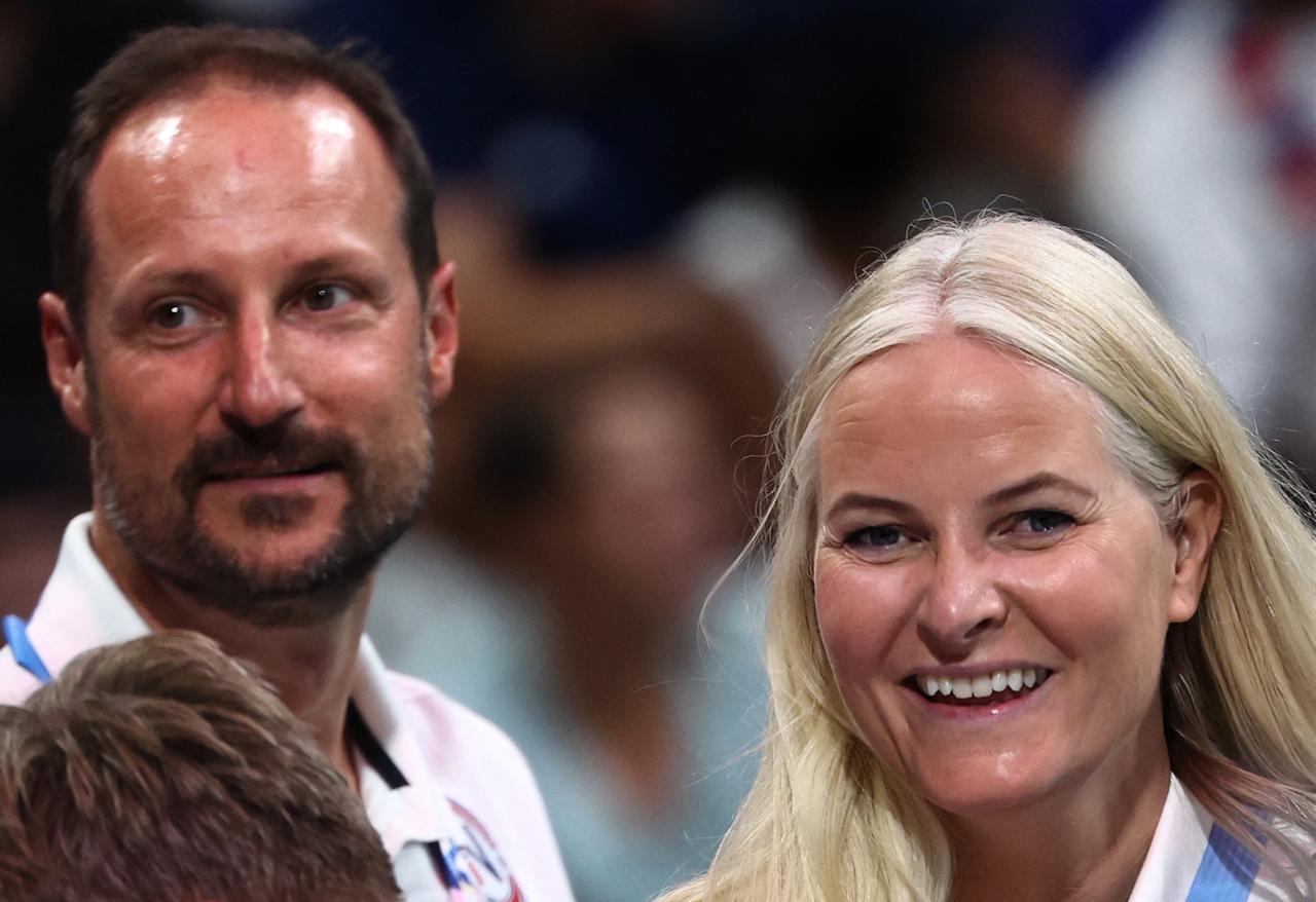 Norwegian Crown Prince Haakon and Crown Princess Mette-Marit attend the women's Gold Medal handball match between Norway and France at the Paris 2024 Olympic Games, at the Pierre-Mauroy stadium, in Villeneuve-d'Ascq, France, August 10, 2024. (AFP Photo)