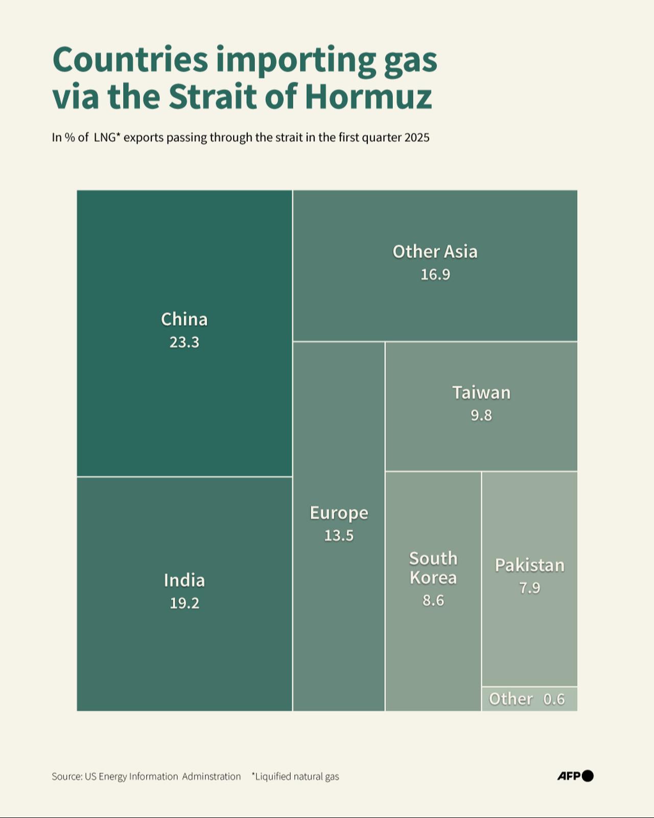 Infographic showing gas exports by country via the Strait of Hormuz, which have been virtually halted due to the Middle East war. (AFP Infographic)