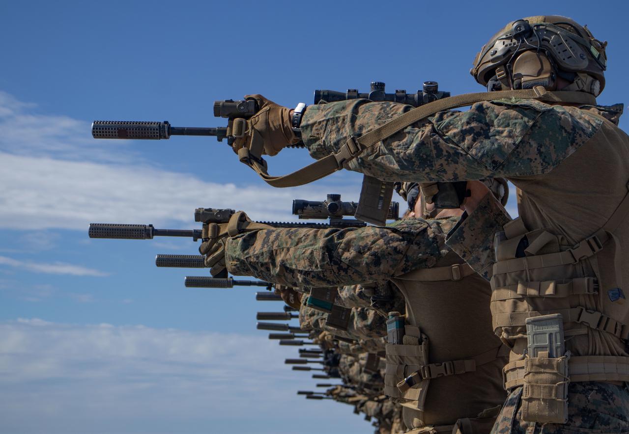 U.S. Marines with Baker Company fire at targets during a live-fire deck shoot aboard amphibious transport dock USS San Diego (LPD 22), in the Timor Sea, June 12, 2025. (Photo via U.S. Marine Corps)