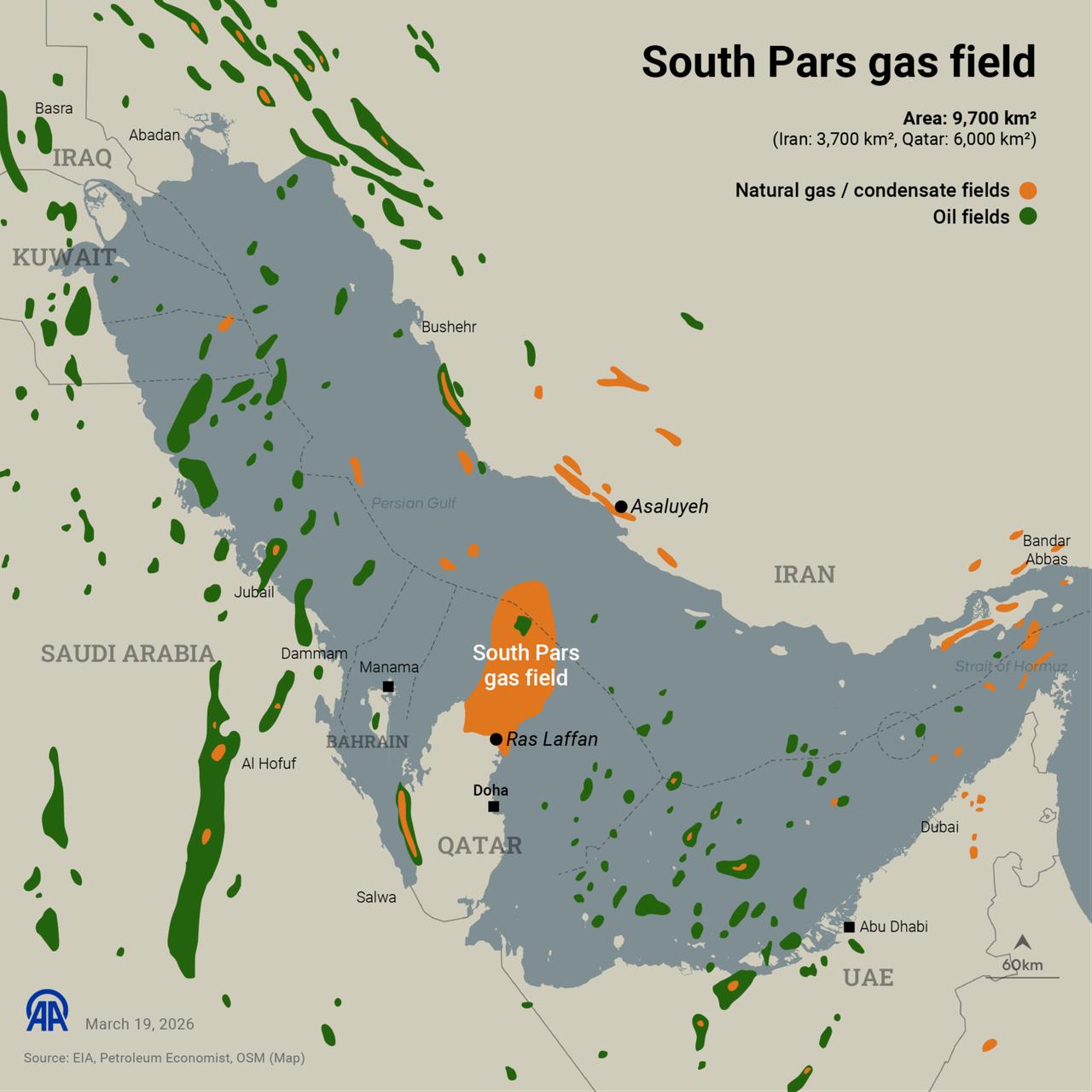 An infographic titled "South Pars gas field" was created in Ankara, Türkiye, on March 19, 2026. (AA Infographic)