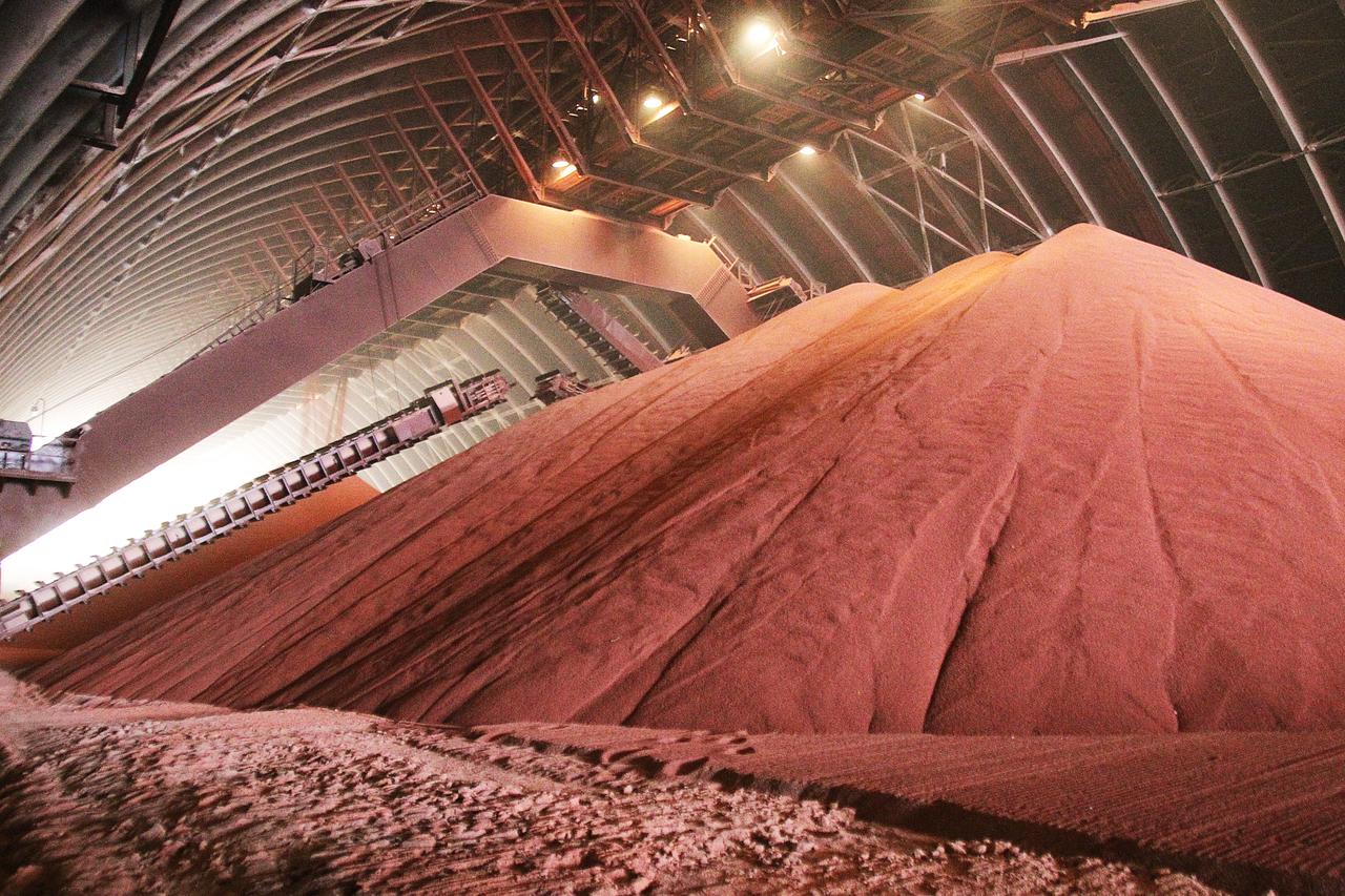 Stockpiles of potash fertilizer are seen inside an industrial storage facility operated by the Belarusian Potash Company. (Photo via belpc.by)