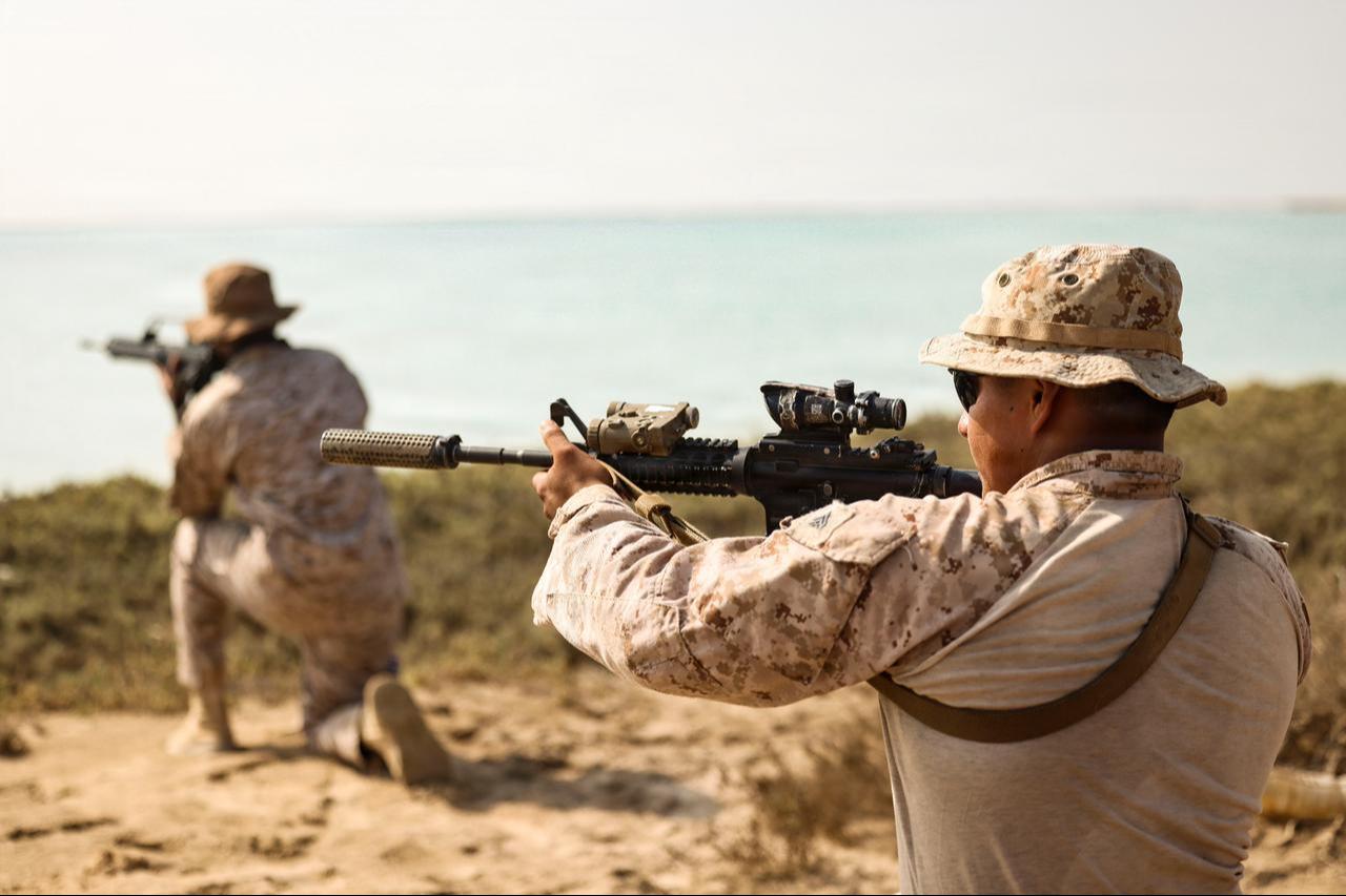 A U.S. Marine assigned to Fleet Anti-Terrorism Security Team Central Command during exercise Indigo Defender 26 at King Faisal Naval Base, Saudi Arabia, on February 3, 2026. (Photo via US Marine Corps)