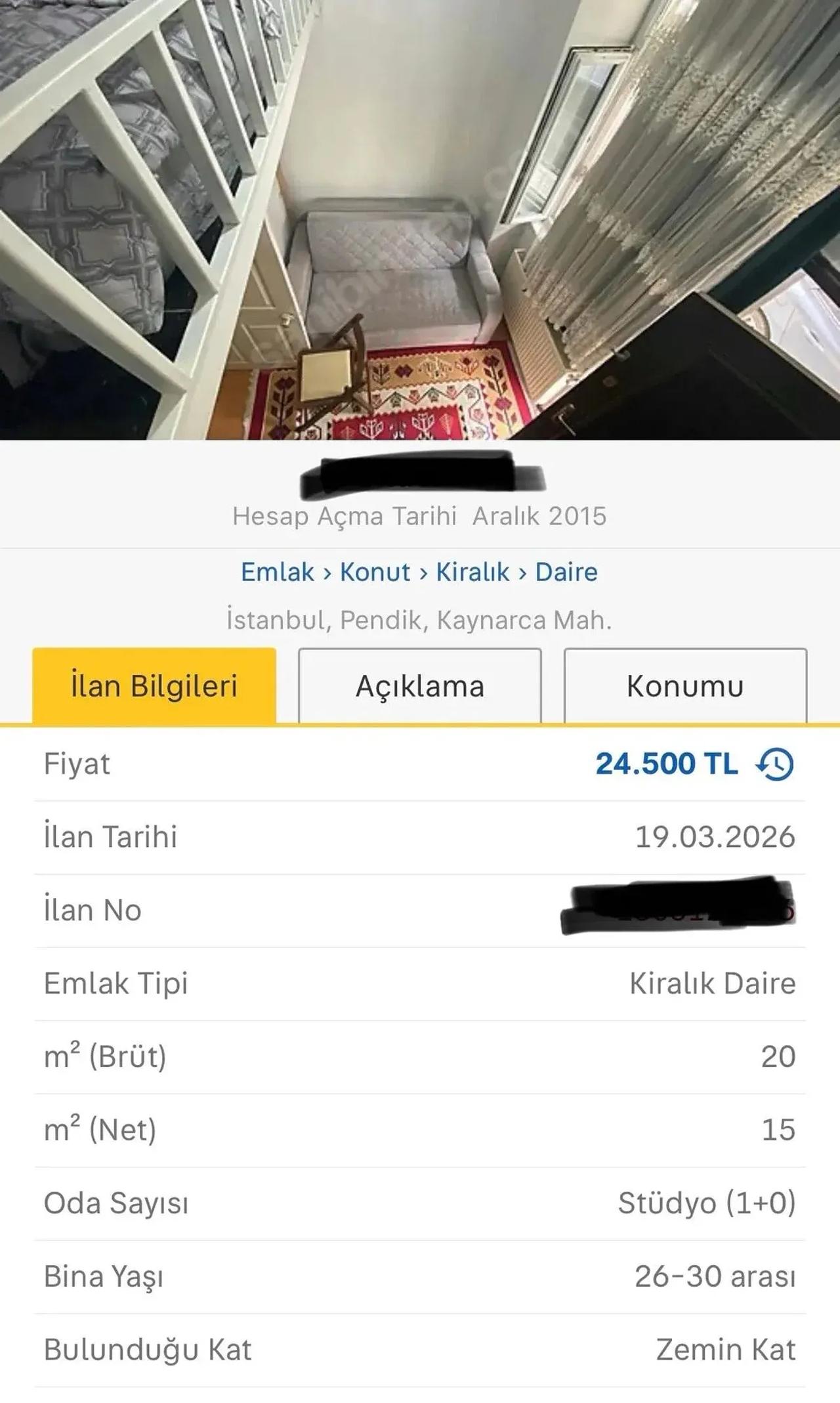 A compact 15-square-meter studio apartment in Istanbul’s Pendik district, featuring a mezzanine bed and minimal living space, listed for ₺24,500 ($553) per month. (Photo via sahibinden.com)