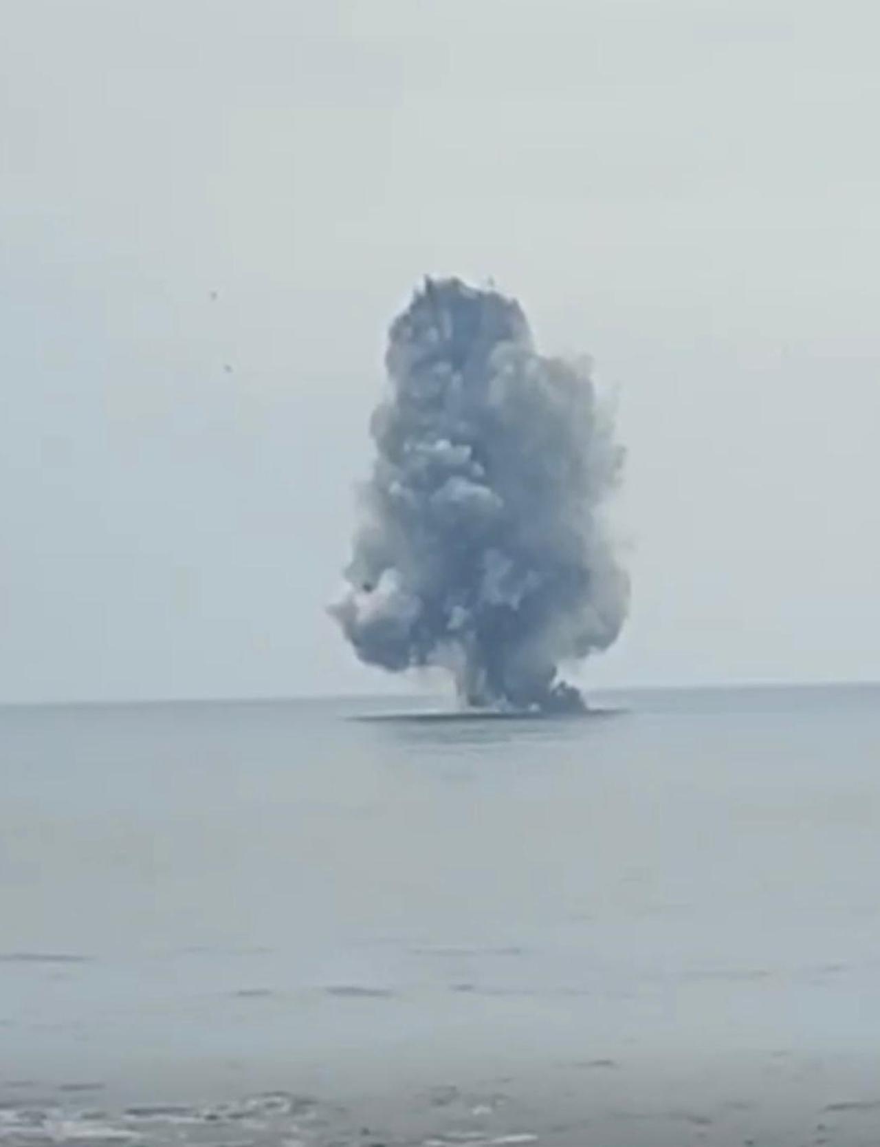 Turkish authorities destroy a US-made AEGIR-W unmanned surface vessel in a controlled detonation after the armed military craft washes ashore on Türkiye's Black Sea coast in Ordu province on March 21, 2026. (AA Photo)