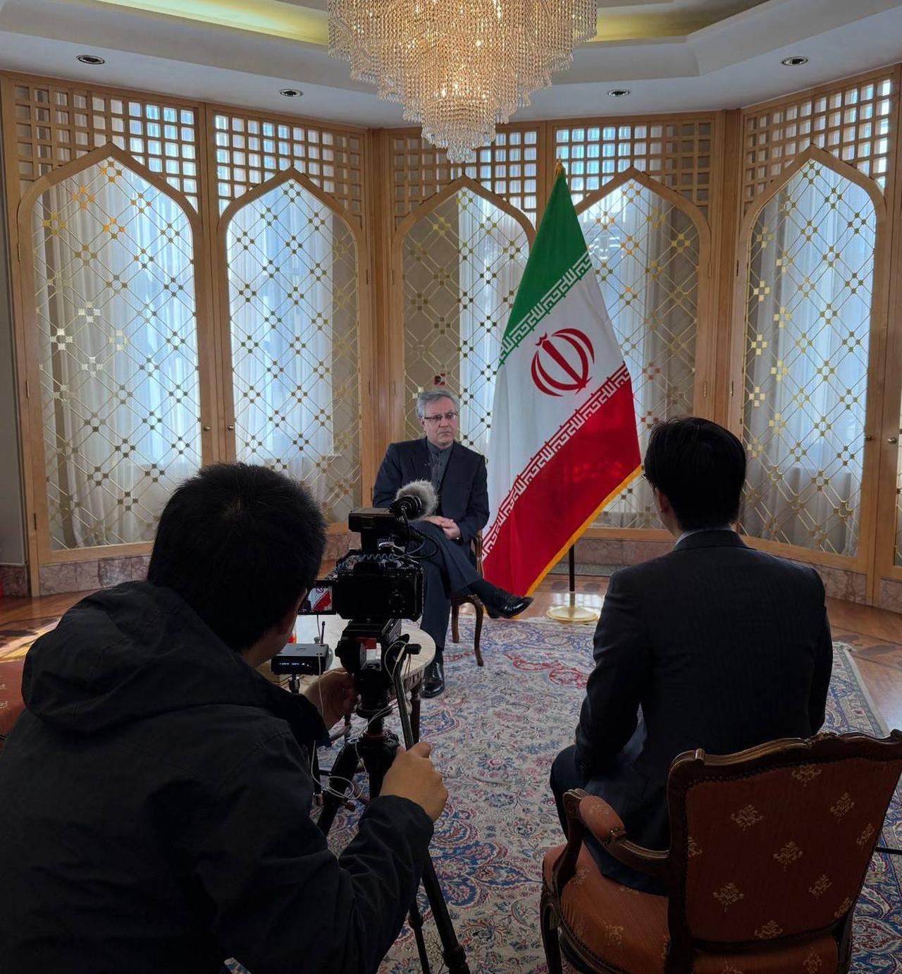 Iran's permanent representative to the International Maritime Organization, Ali Mousavi, speaking during an interview at an unspecified location. (Photo via Telegram/@mehrnews)