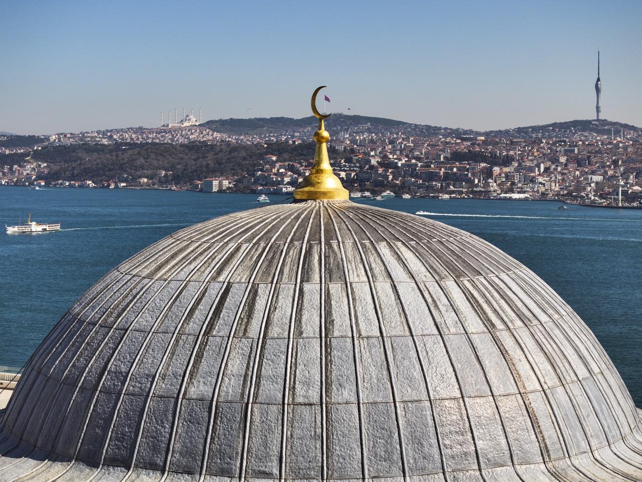 A view of the Cihangir Mosque as it stands as both a place of worship and a quiet testament to the enduring legacy of the Ottoman Empire, overlooking the sweeping waters of the Bosphorus and the Marmara Sea at Beyoglu district in Istanbul, Türkiye, March 10, 2026. (AA Photo)