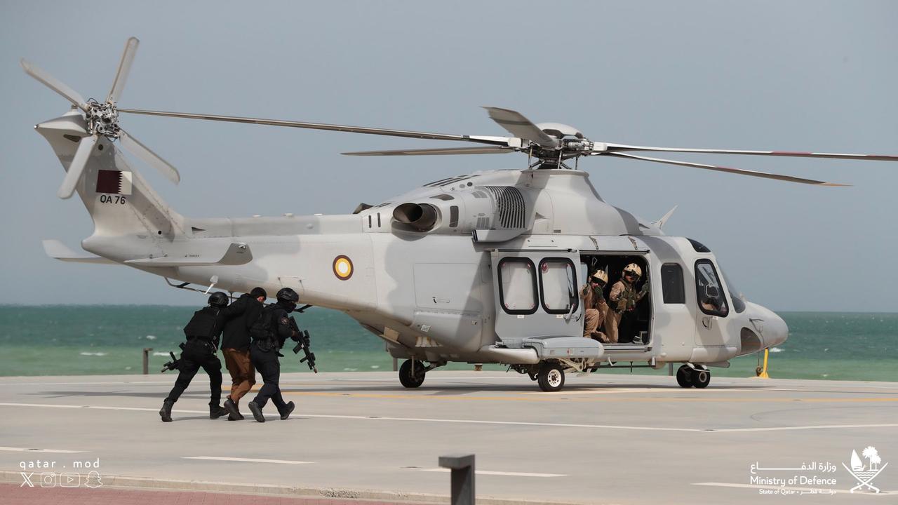 The Qatar Emiri Air Force (QEAF) AgustaWestland AW149 helicopter is at an unspecified location. (Photo via X/@MOD_Qatar)