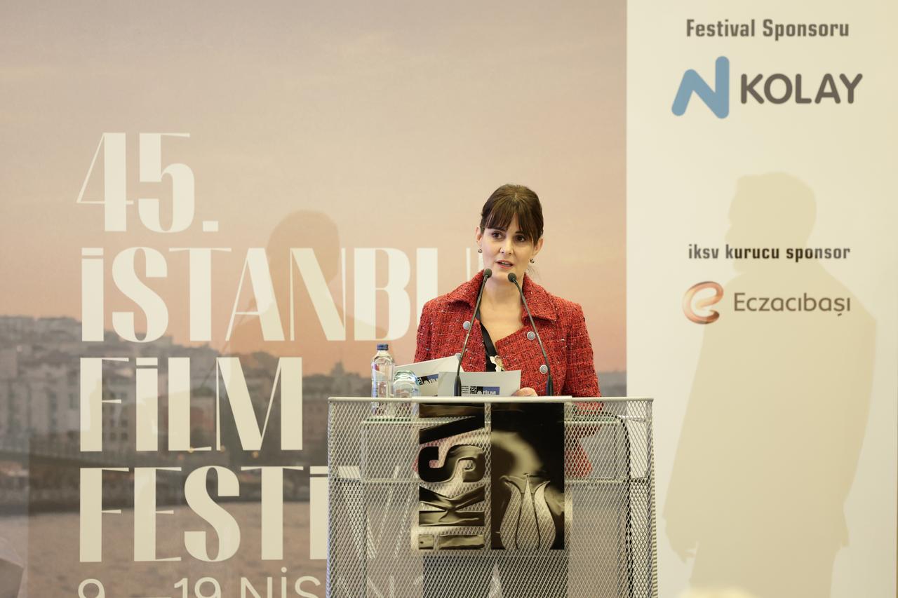 IKSV Deputy General Manager Yesim Gurer Oymak speaks at the press conference for the 45th Istanbul Film Festival, Istanbul, Türkiye, March 23, 2026. (AA Photo)