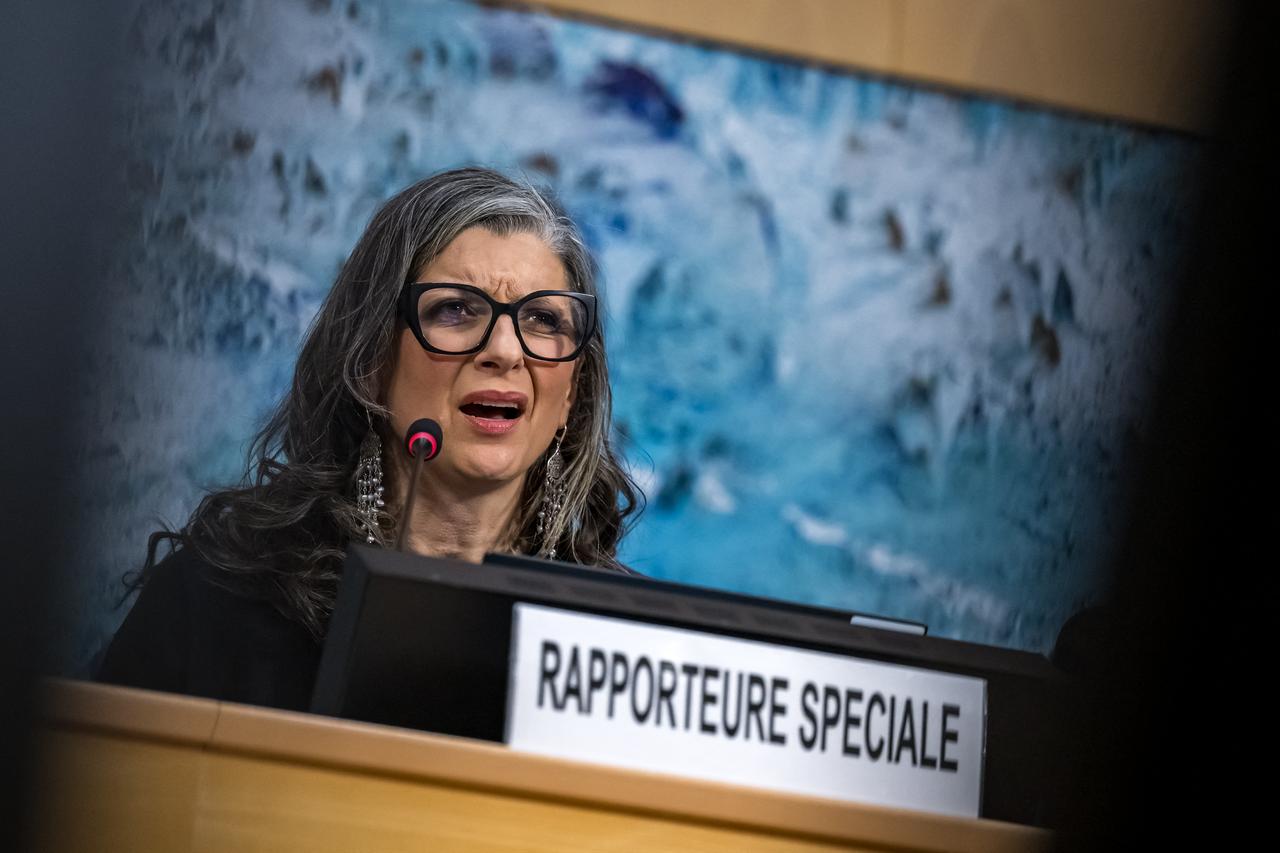 United Nations (UN) special rapporteur on the occupied Palestinian territories Francesca Albanese presents her latest report before delegates at the UN Rights Council, in Geneva, on March 23, 2026. (AFP Photo)