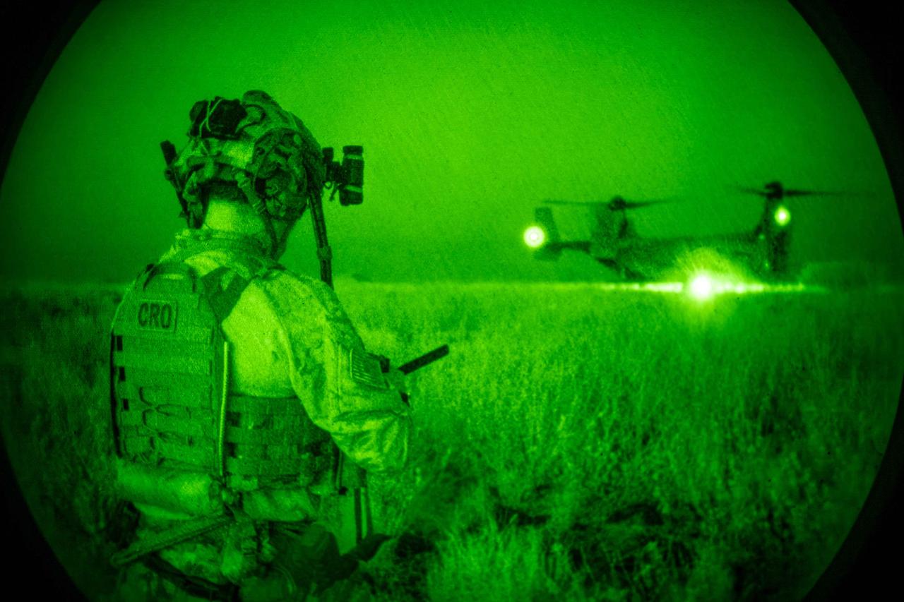 A U.S. Air Force pararescueman secures the landing zone after being dropped off by an MV-22B Osprey during a personnel recovery training exercise at an undisclosed location near Camp Lemonnier, Djibouti, December 15, 2024. (Photo via U.S. Air Force)