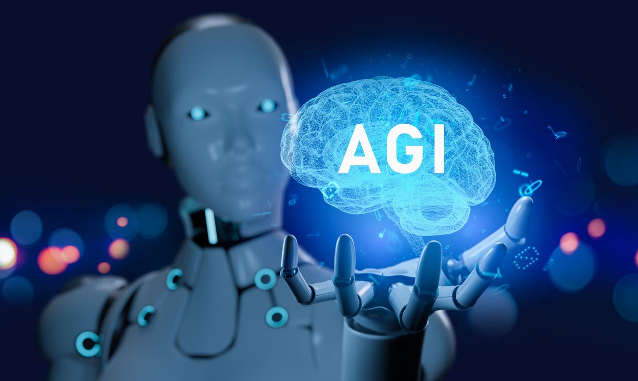 A robot holds a glowing digital brain labeled "AGI" in an illustration representing artificial general intelligence. (Adobe Stock Photo)