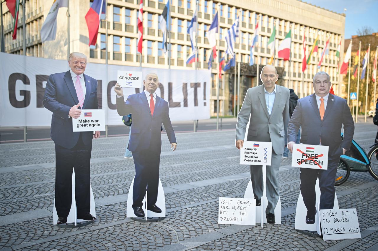 This photograph cardboard cutouts depicting (From L) U.S. President Donald Trump, Israel's PM Benjamin Netanjahu, Slovenian opposition leader nationalist former PM Janez Jansa and Hungary PM Viktor Orban outside of Slovenian Parliament in Ljubljana on March 20, 2026, as demonstrators gather at a rally to urge citizens to vote ahead of the parliamentary elections. (AFP Photo)