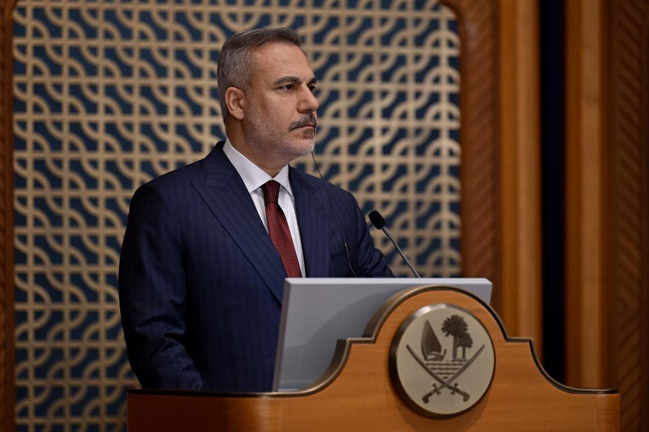 Turkish Foreign Minister Hakan Fidan and Qatar’s Prime Minister and Foreign Minister Sheikh Mohammed bin Abdulrahman Al Thani hold a joint press conference in Doha, Qatar, March 19, 2026. (AA Photo)