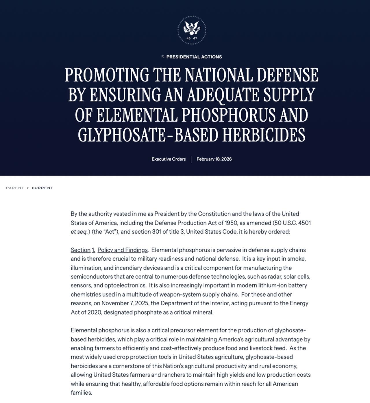 The presidential executive order from February 18, 2026, aimed at securing the supply chain for materials crucial to national defense and agriculture.