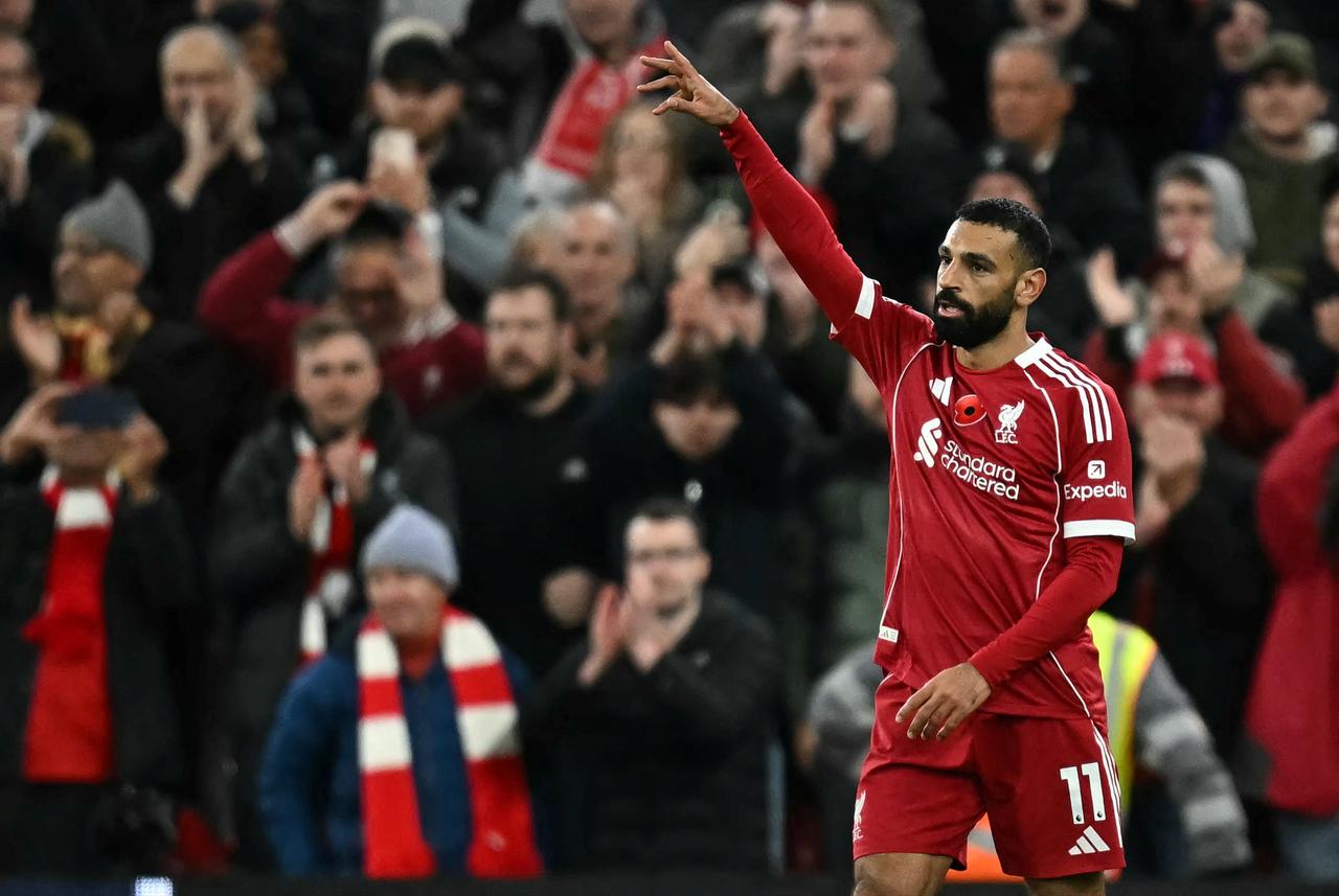 Liverpool’s forward Mohamed Salah (#11) celebrates after scoring the opening goal in the Premier League match against Aston Villa at Anfield in Liverpool, northwest England, November 1, 2025. (AFP Photo)