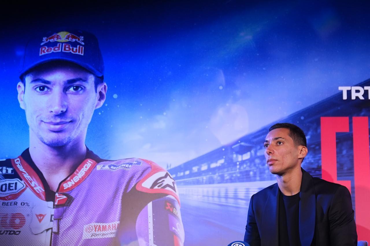 Turkish motorcycle racer Toprak Razgatlioglu, who will be the first Turkish racer to compete in MotoGP, talks to the press in Istanbul, Türkiye, Feb. 10, 2026. (AA Photo)