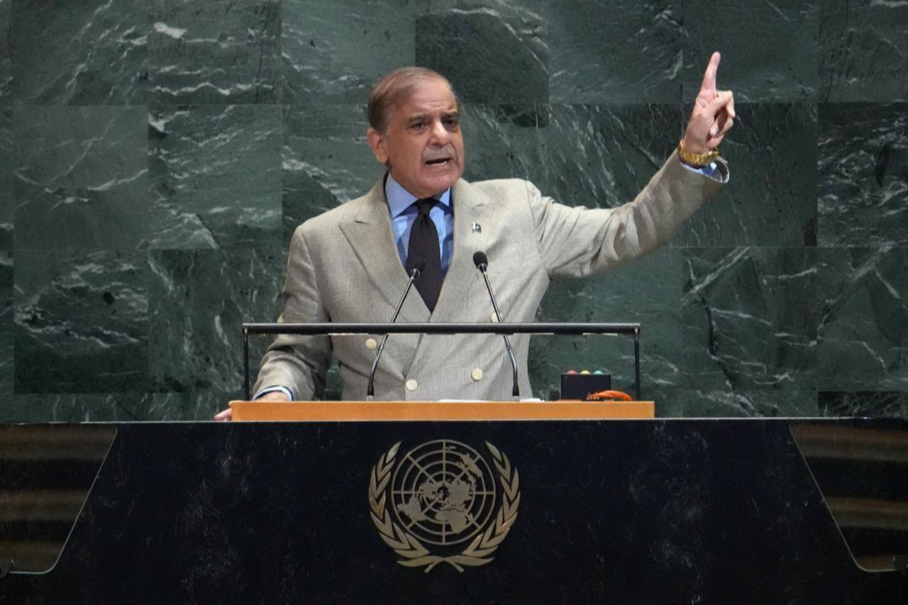 Pakistans Prime Minister Muhammad Shehbaz Sharif speaks during the General Debate of the United Nations General Assembly at UN headquarters in New York City on Sep. 26, 2025. (AFP Photo)