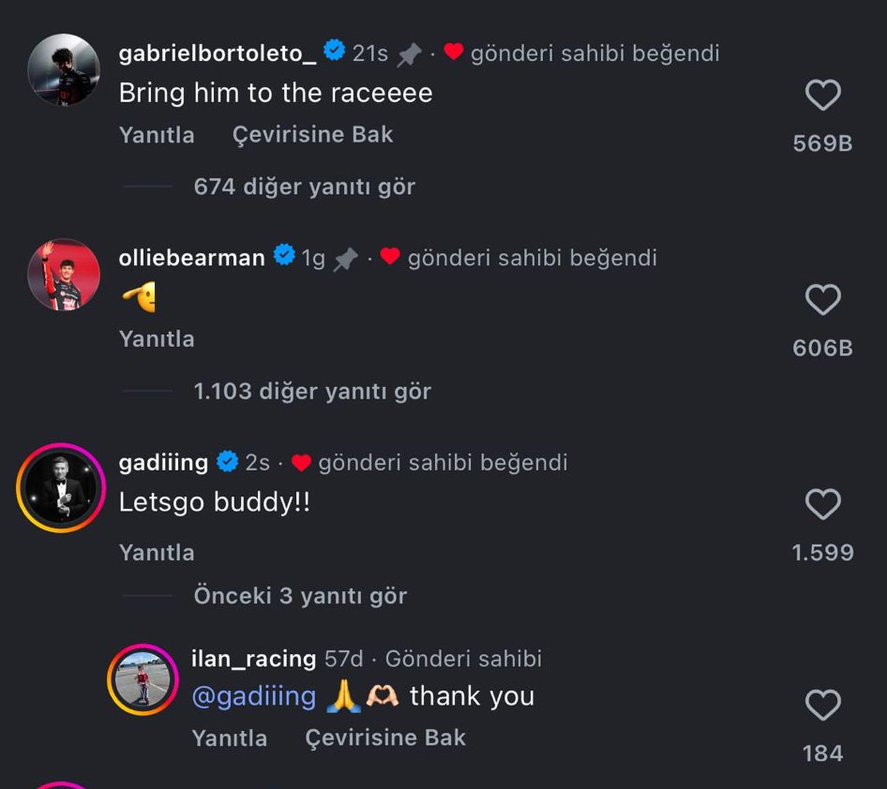 Formula 1 figures and fans respond to Ilan Gomez’s viral video in the comments section. (Photo via Instagram/@ilan_racing)