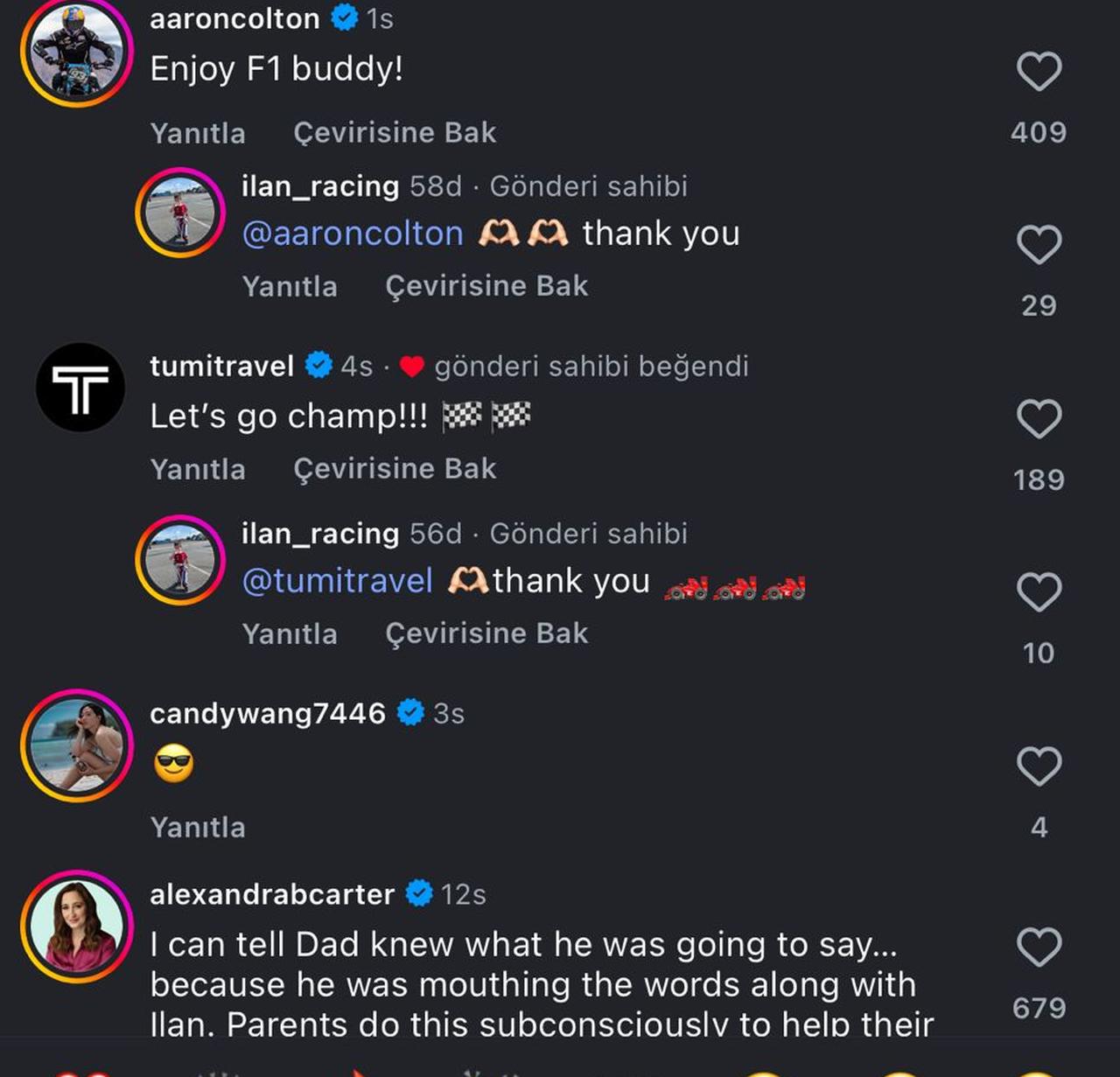 Formula 1 figures and fans respond to Ilan Gomez’s viral video in the comments section. (Photo via Instagram/@ilan_racing)