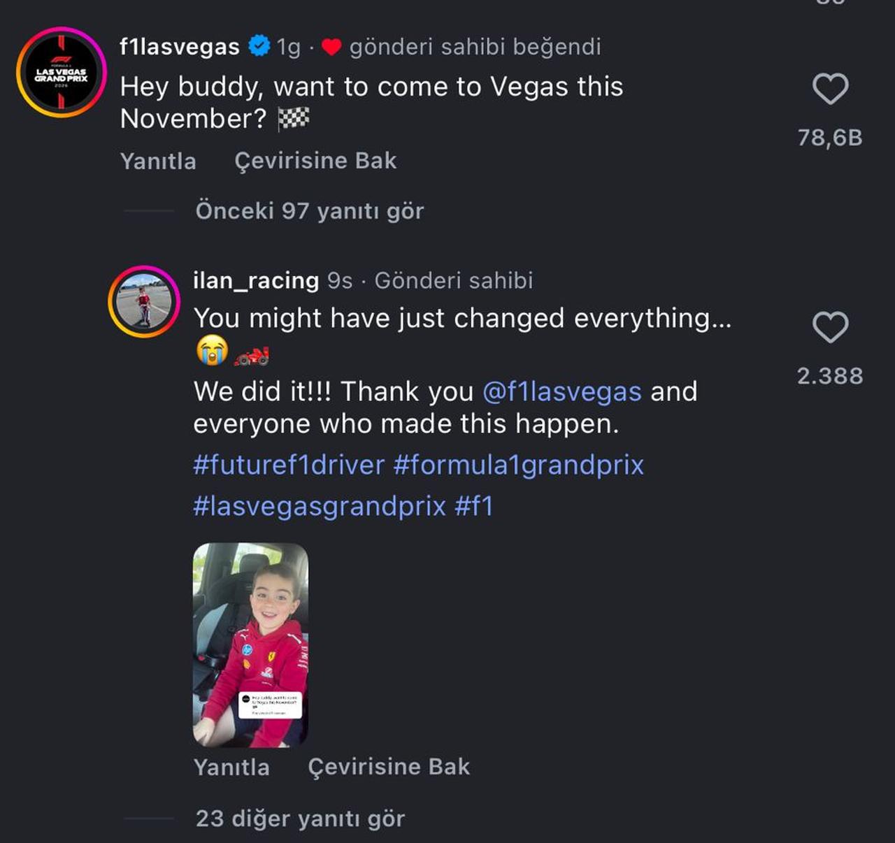 Las Vegas Grand Prix account invites Ilan Gomez to attend the race in November following his viral video. (Photo via Instagram/@ilan_racing)