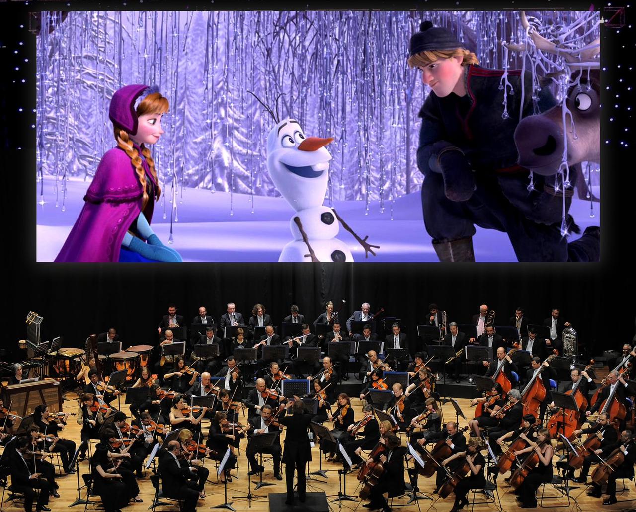 Scenes from Frozen are screened as a live orchestra performs the film’s score during a concert experience. (Photo via Piu Entertainment)