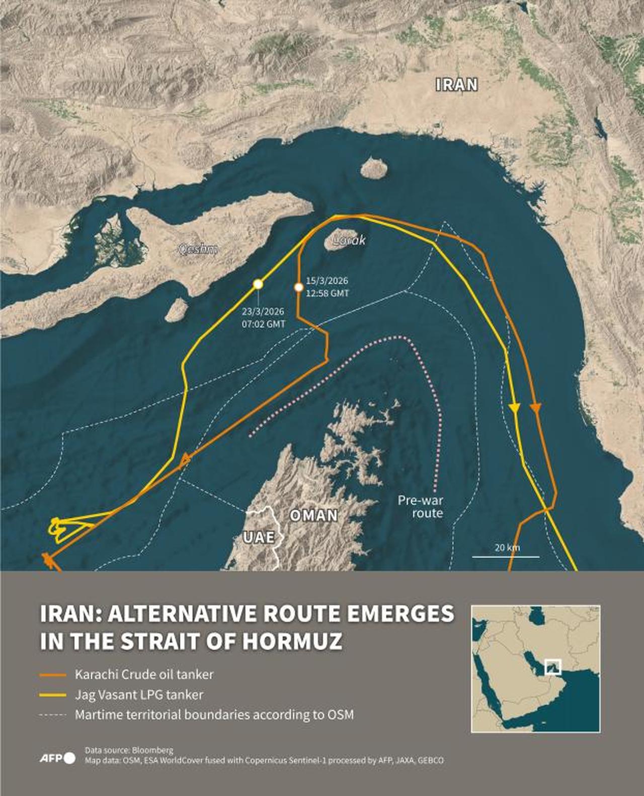 Infographic with map showing an alternative route taken by some ships passing through the Strait of Hormuz and the route used before the start of the Middle East war which began on February 28, 2026. (AFP Graphics)