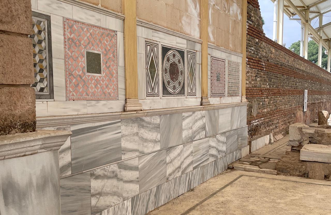 Wide-angle view of the synagogue interior showing geometric mosaic patterns and restored walls, Salihli, Manisa, Türkiye, March 24, 2026 (Photo by Koray Erdogan/Türkiye Today)