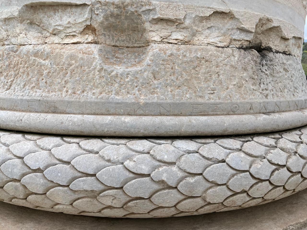 A close-up view of carved marble blocks shows the craftsmanship and weathering of the Temple of Artemis over centuries, Manisa, Türkiye, March 23, 2026. (Photo by Koray Erdogan/Türkiye Today)