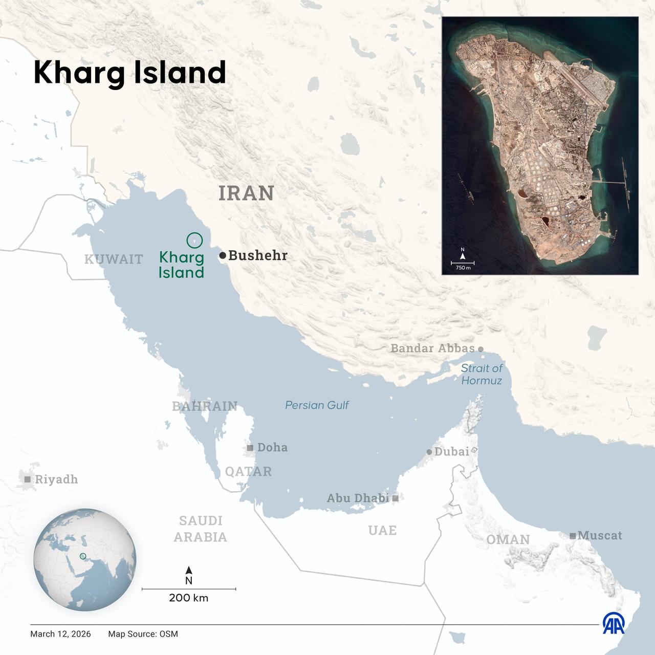 An infographic titled "Kharg Island" created in Ankara, Türkiye on March 12, 2026. (AA Graphics)