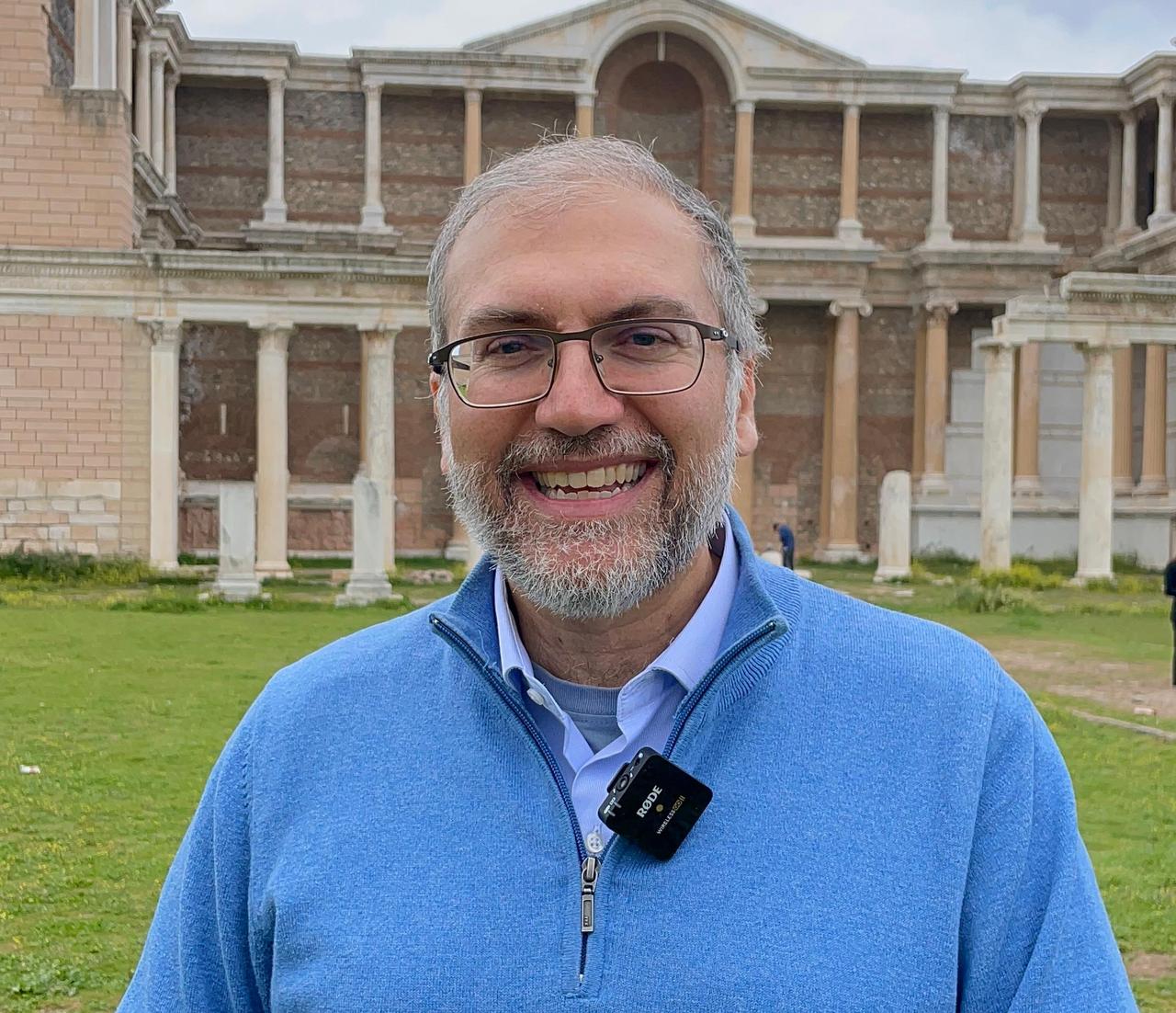 Bahadir Yildirim, first assistant director of excavations at Sardis, stands in front of the Roman bath-gymnasium complex, Salihli, Manisa, Türkiye, March 24, 2026 (Photo by Koray Erdogan/Türkiye Today)