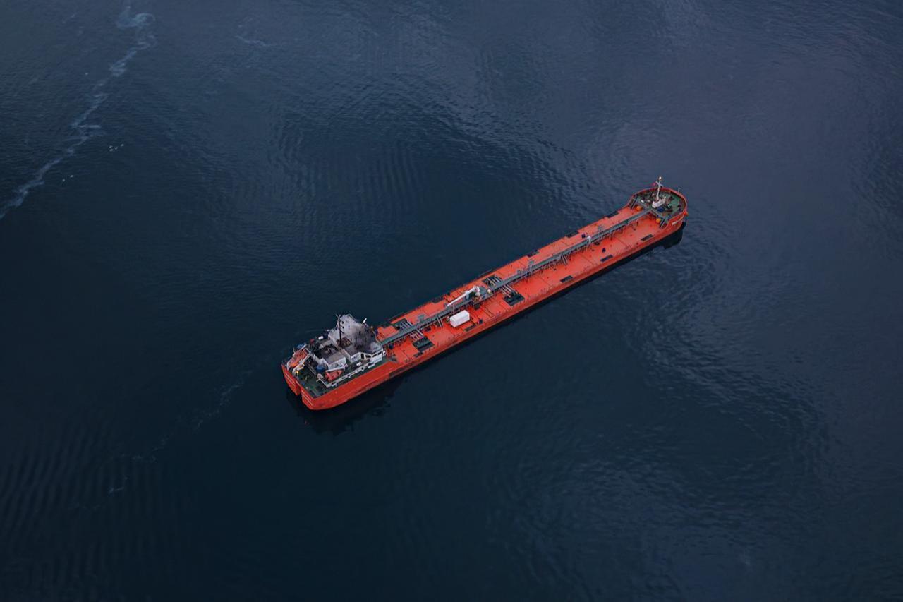 An aerial view of the MIDVOLGA-2, a vessel sailing from Russia to Georgia, arrives off the coast of Sinop, a northern province of Türkiye, after coming under attack in international waters in the Black Sea on December 02, 2025. (AA Photo)