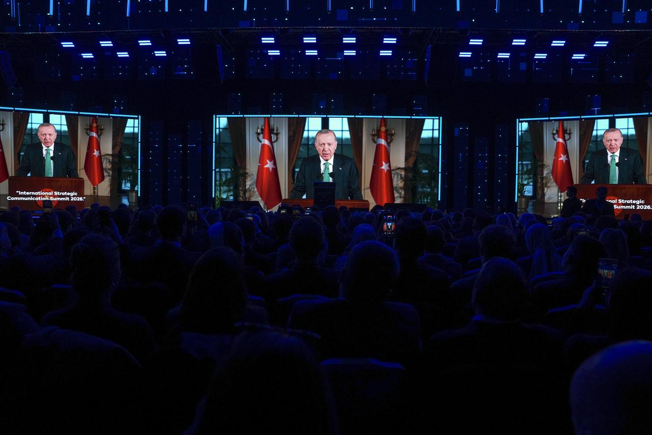 Turkish President Recep Tayyip Erdogan delivers a speech via video message during the STRATCOM Summit 2026 program, organized by the Directorate of Communications, in Istanbul, Türkiye on March 27, 2026. (AA Photo)