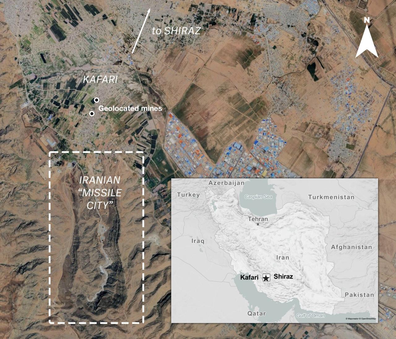 Satellite Imagery showing the village where the mines were found in relation to an Iranian “missile city”. (Source: Logan Williams/Bellingcat. Aerial imagery © 2026  Airbus, CNES/Airbus, Landsat/Copernicus, Maxar Technologies via Google Earth. Inset map © 2026 Mapcreator, OpenStreetMap.)