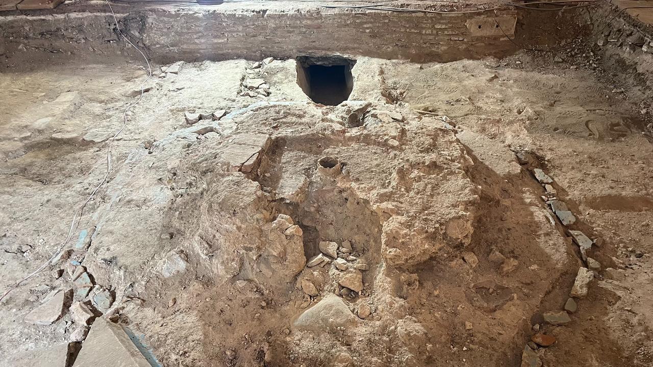 Excavation reveals the central layout of a buried pool structure within the mosque interior in Bursa, Türkiye, March 27, 2026. (IHA Photo)