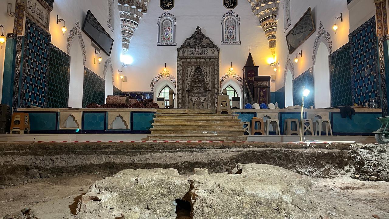 Excavation reveals the central layout of a buried pool structure within the mosque interior in Bursa, Türkiye, March 27, 2026. (IHA Photo)