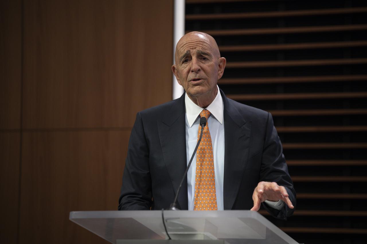 Ambassador to Türkiye and Special Envoy for Syria Tom Barrack delivers a speech during the “U.S.-Syria Energy Symposium” organized by the Atlantic Council in Washington, United States, on March 26, 2026. (AA Photo)