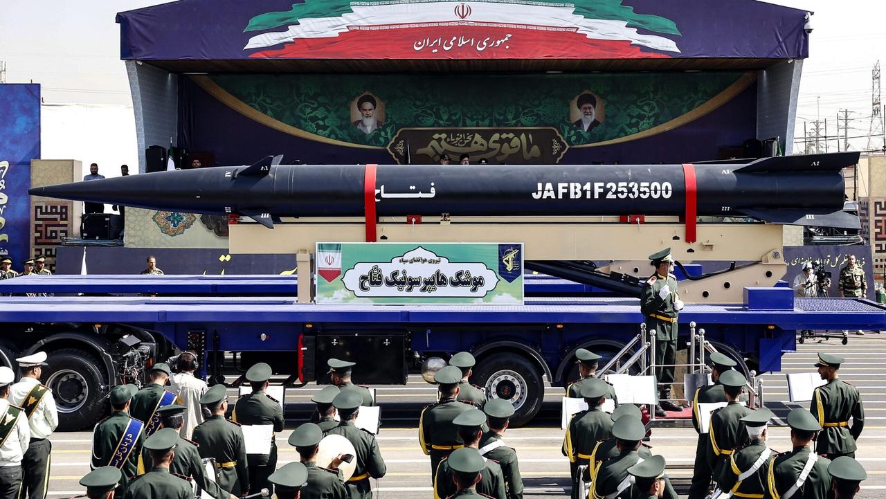A truck carries an Iranian 'Fattah' hypersonic ballistic missile during the annual military parade in Tehran on September 22, 2023. (AFP Photo)
