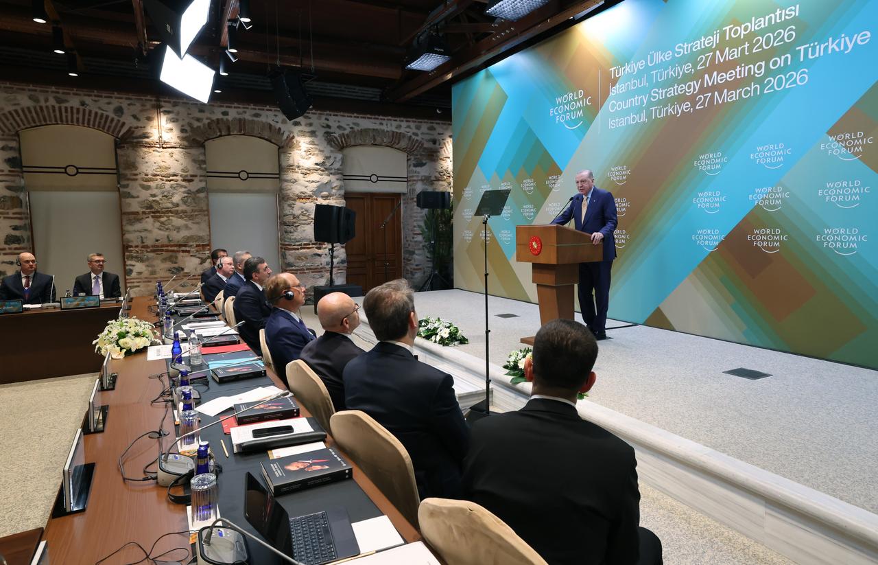 Turkish President Recep Tayyip Erdogan makes a speech as he attends the World Economic Forum (WEF) Turkiye Country Strategy Meeting at the Dolmabahce Office in Istanbul, Türkiye, March 27, 2026. ( TUR Presidency/ Murat Cetinmuhurdar - Anadolu Agency )