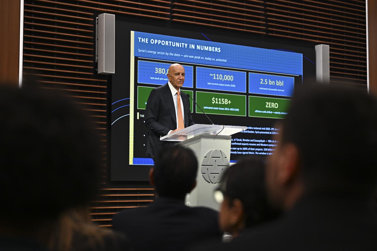 U.S. Ambassador to Türkiye and Special Envoy for Syria Tom Barrack delivers a speech during the “U.S.-Syria Energy Symposium” organized by the Atlantic Council in Washington, United States, on March 26, 2026. (AA Photo)