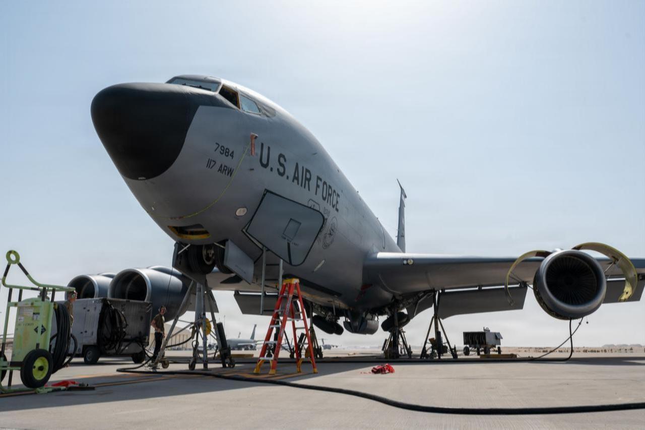 U.S. Airmen assigned to the 379th Expeditionary Maintenance Squadron's electric and environmental systems shop conduct a landing gear swing for a KC-135 Stratotanker aircraft, Feb. 4, 2026. (Photo via US Air Force)