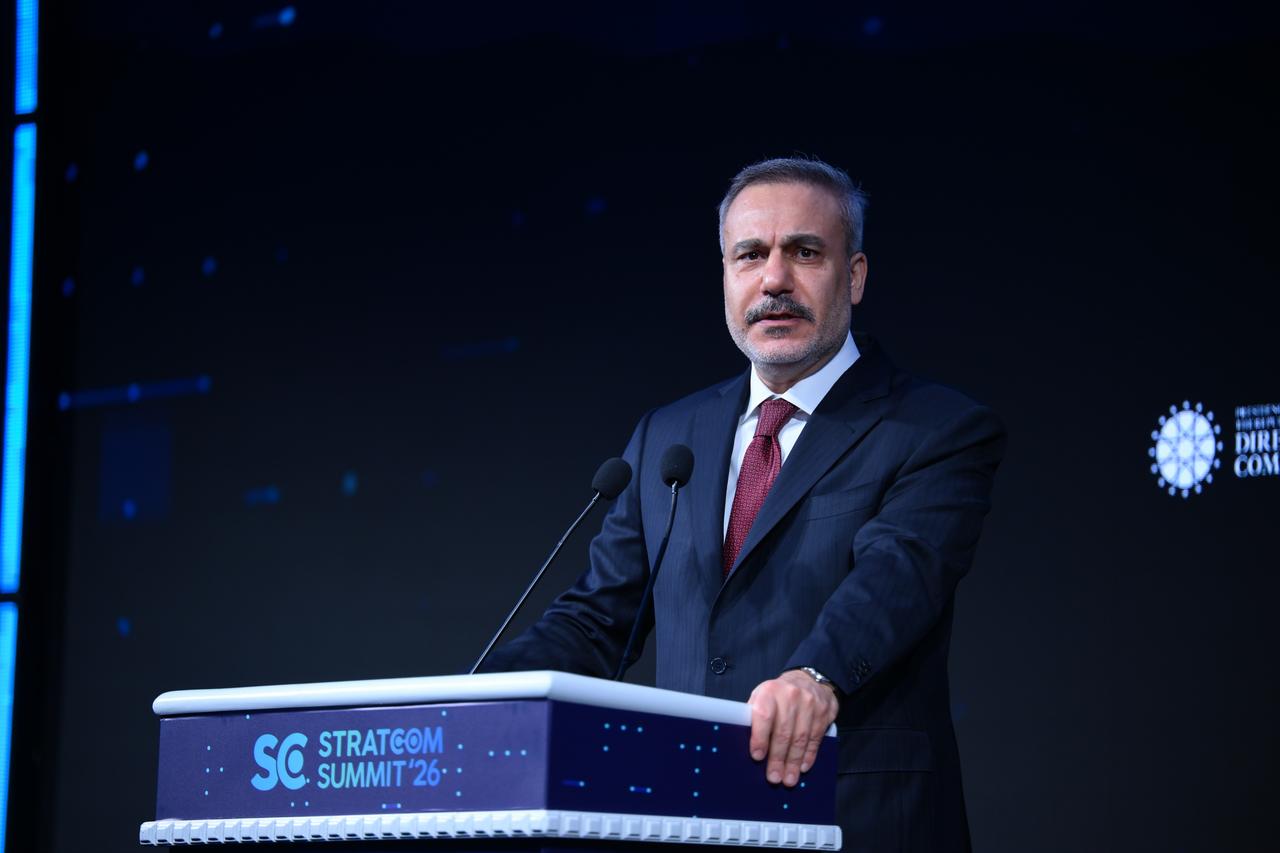 Turkish Foreign Minister Hakan Fidan makes a speech during the International Strategic Communication Summit (Stratcom Summit) 2026 program, organized by the Directorate of Communications  in Istanbul, Türkiye on March 28, 2026 . (AA Photo)