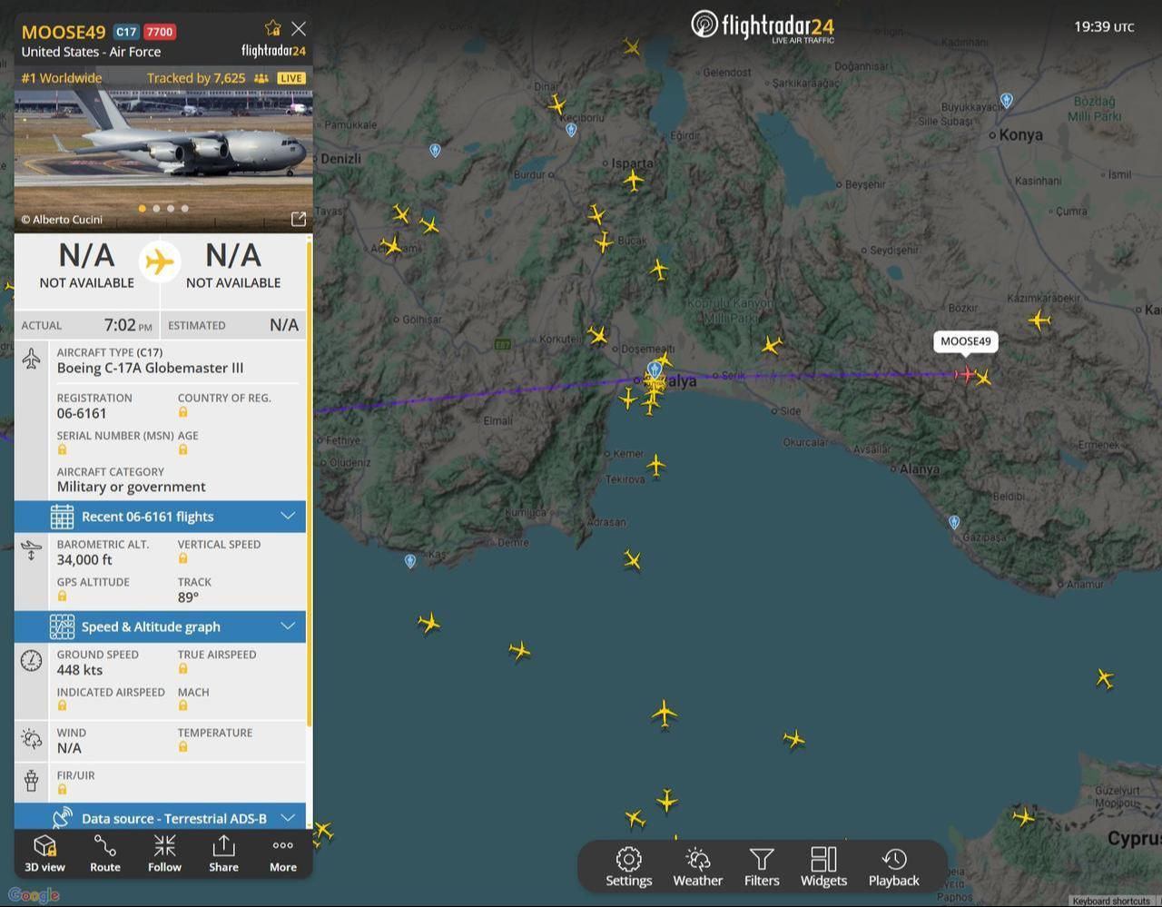 The photo shows a U.S. Air Force (USAF) C-17A Globemaster III aircraft on Flightradar24, a live flight tracker, on March 27, 2026. (Photo via flightradar24.com)