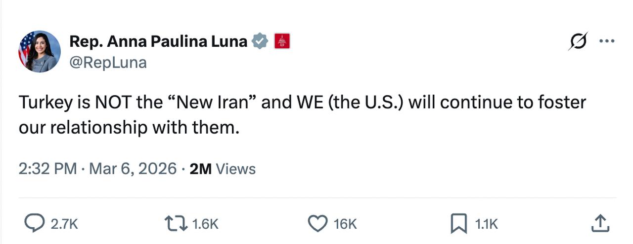 On the image, the GOP Representative Anna Paulina Luna's X post, in which she rejected former Israeli Prime Minister Naftali Bennett’s framing of NATO ally Türkiye as a hostile force, was criticized by Laura Loomer.