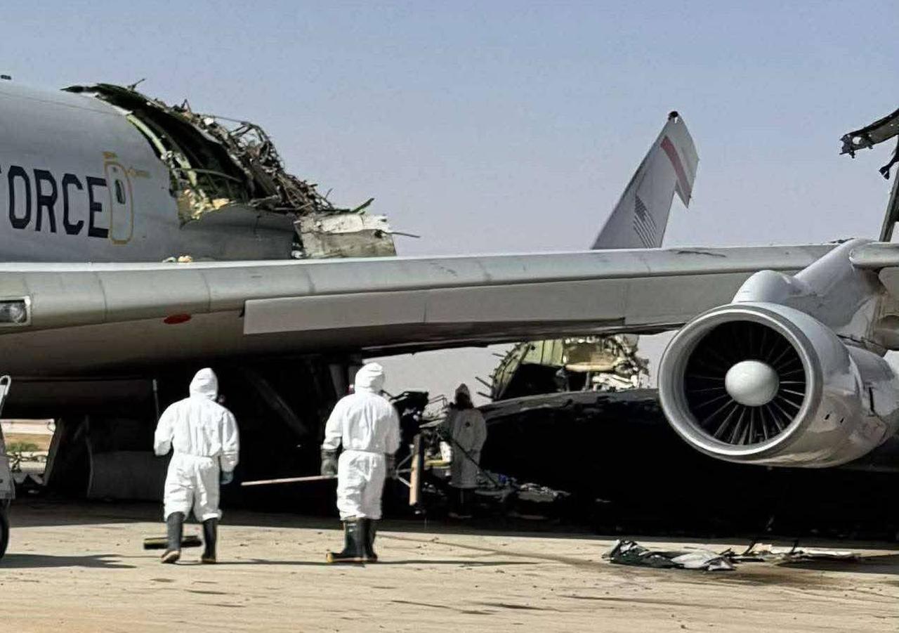 The photo shows the damage at the U.S. Air Force E-3G Sentry airborne warning and control aircraft at Prince Sultan Air Base in Saudi Arabia following an Iranian attack. (Photo via X)