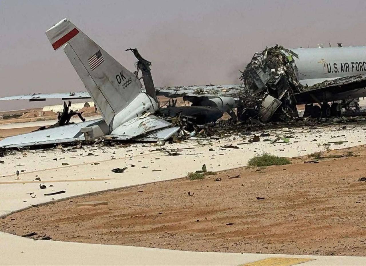 The photo shows the damage at the U.S. Air Force E-3G Sentry airborne warning and control aircraft at Prince Sultan Air Base in Saudi Arabia following an Iranian attack. (Photo via X)