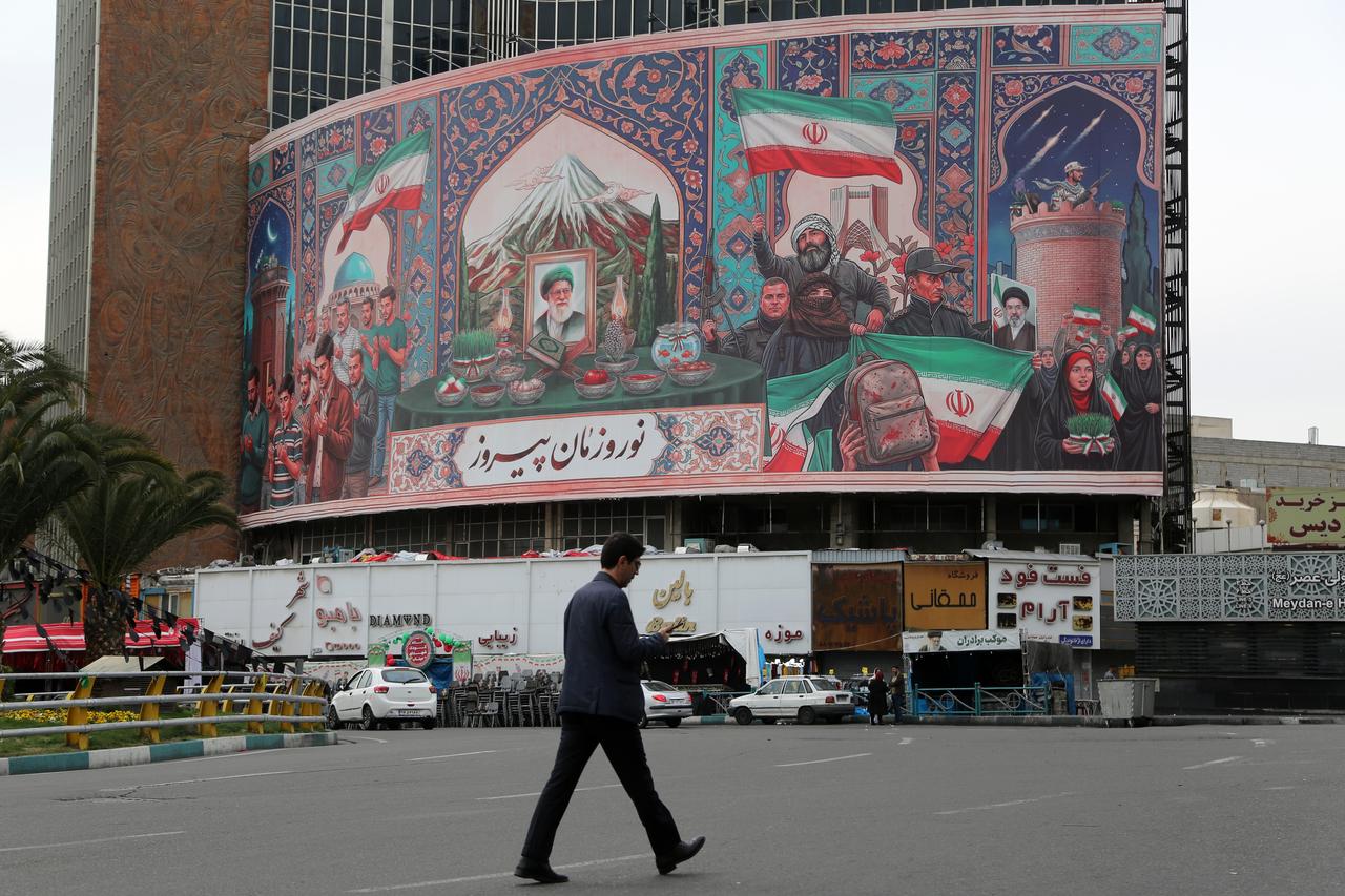 A general view of the large banners placed in the city center, which also feature a portrait of Iranian leader Ali Khamenei, who was killed in the attacks, as daily life continues, twenty three days after the US and Israeli attacks on Iran began on February 28, in Tehran, Iran on March 22, 2026. (AA Photo)